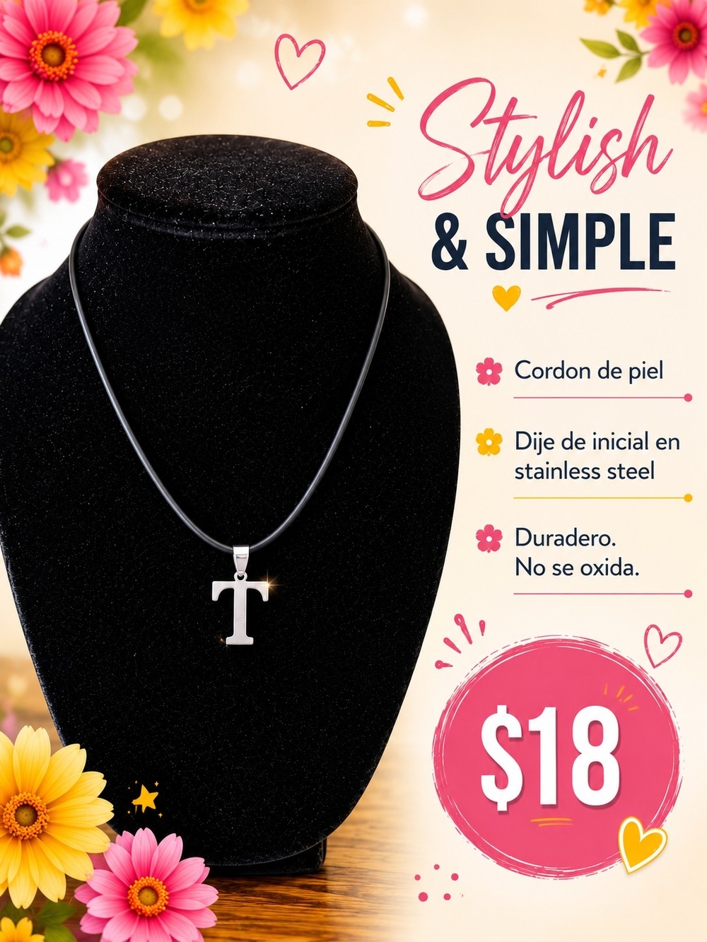 Stainless Steel 'T' Initial Necklace - Black Cord